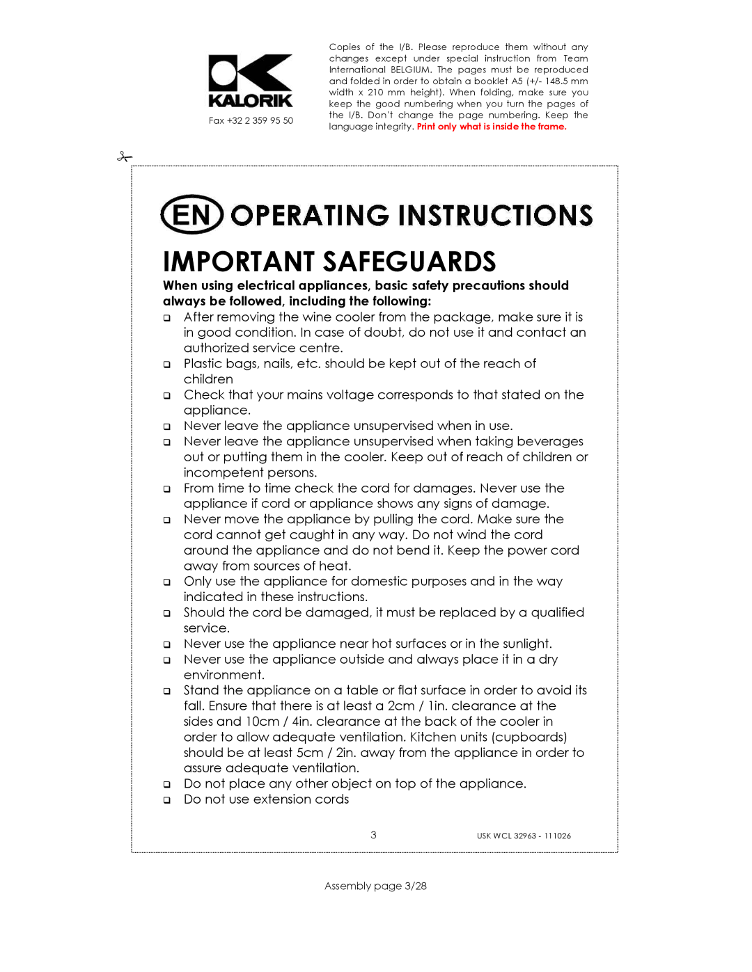 Kalorik USK WCL 32963 manual Important Safeguards, Assembly page 3/28 