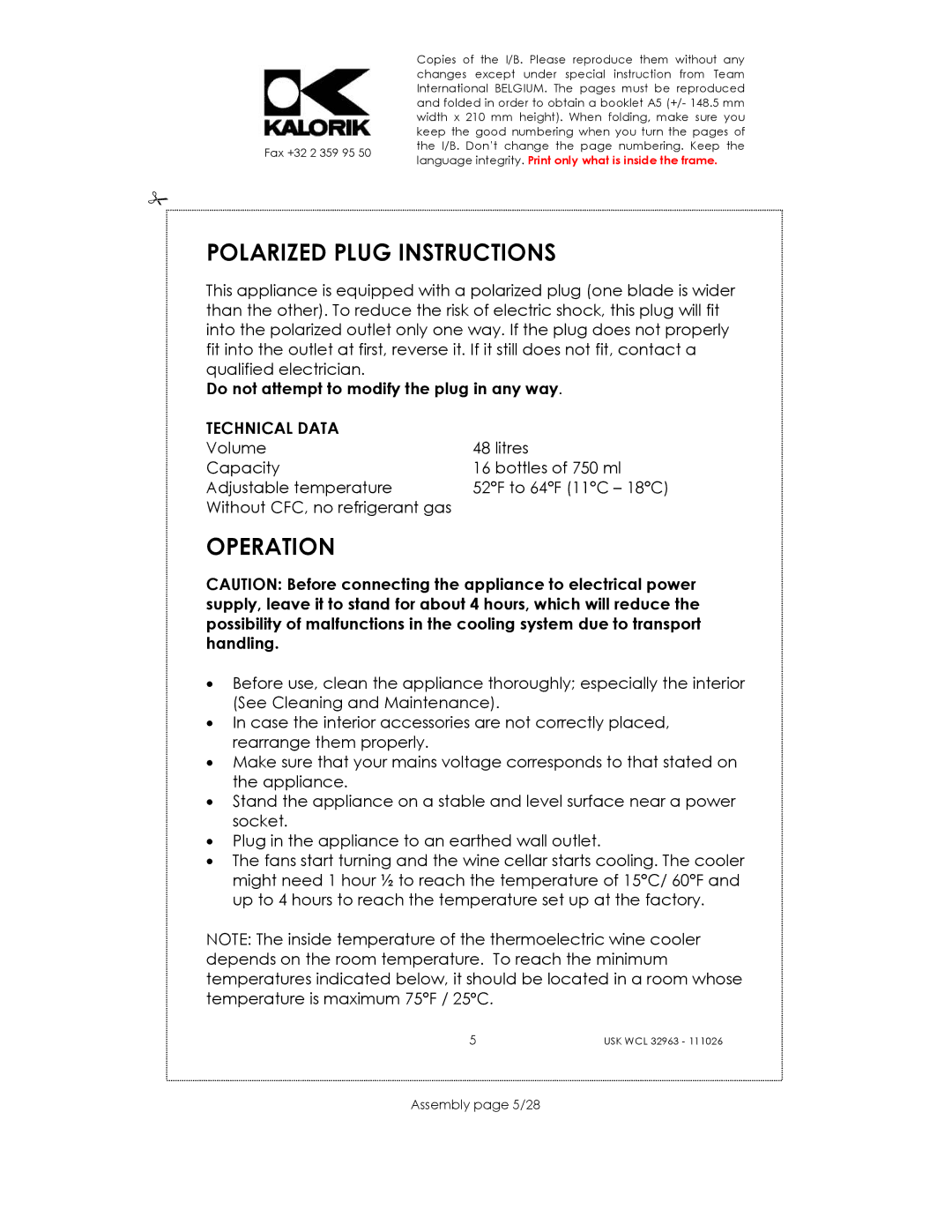 Kalorik USK WCL 32963 manual Polarized Plug Instructions, Operation, Assembly page 5/28 