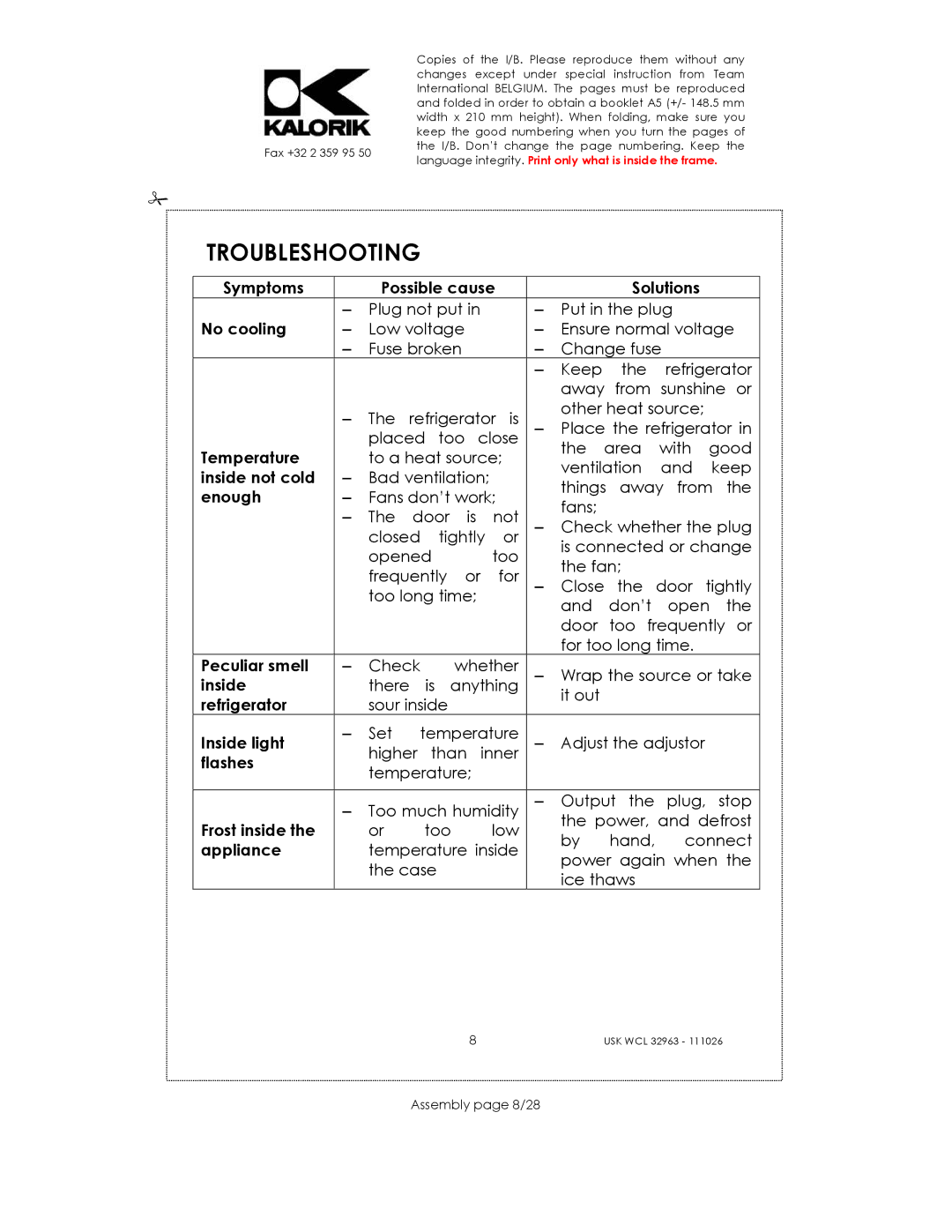 Kalorik USK WCL 32963 manual Troubleshooting, Assembly page 8/28 