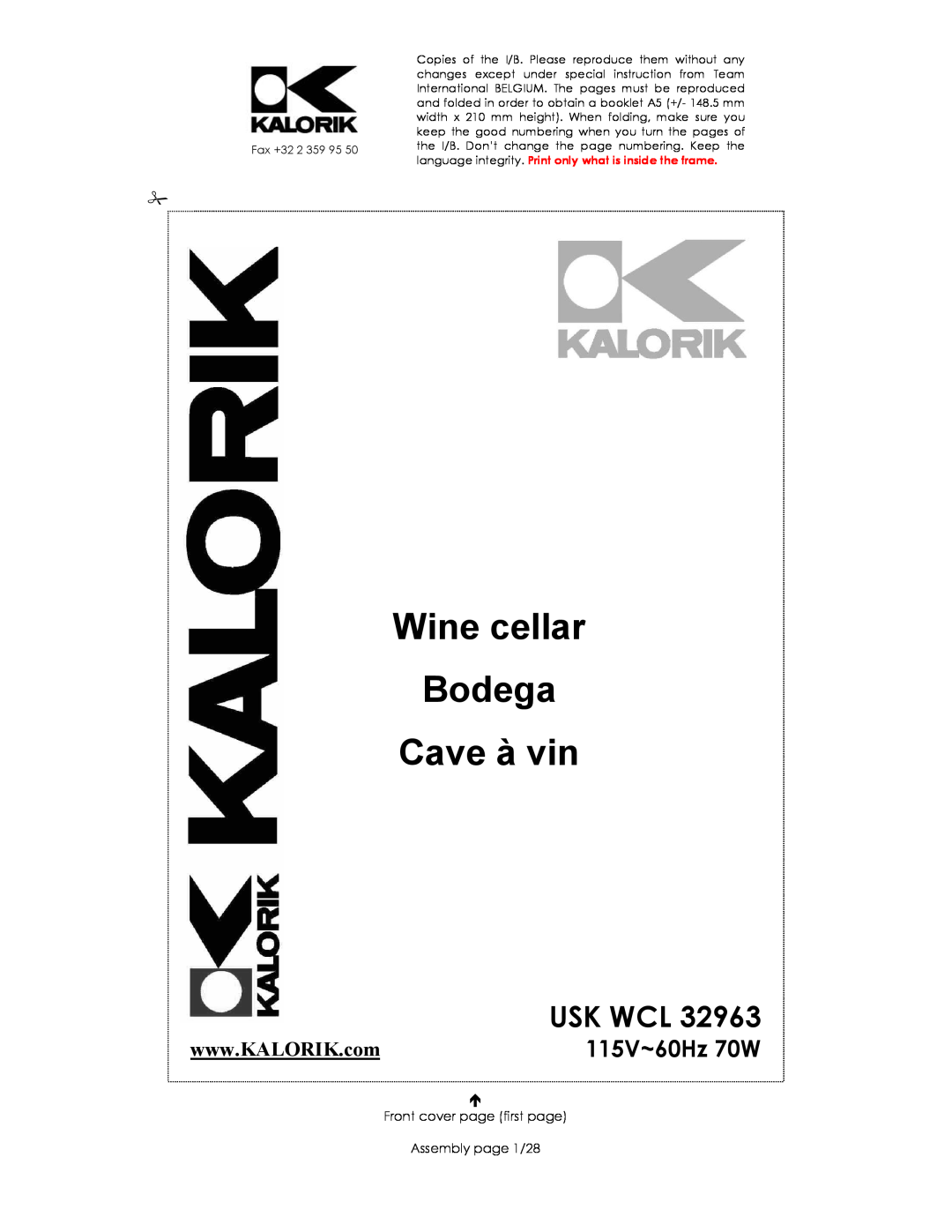 Kalorik USK WCL 32963 manual 115V~60Hz 70W, Wine cellar Bodega Cave à vin, Usk Wcl 