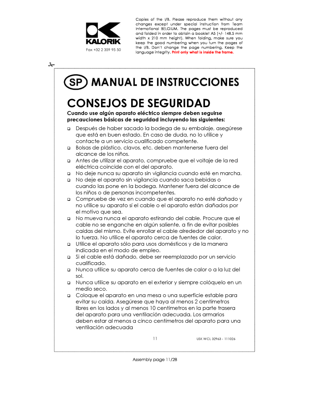 Kalorik USK WCL 32963 manual Consejos De Seguridad, Assembly page 11/28 