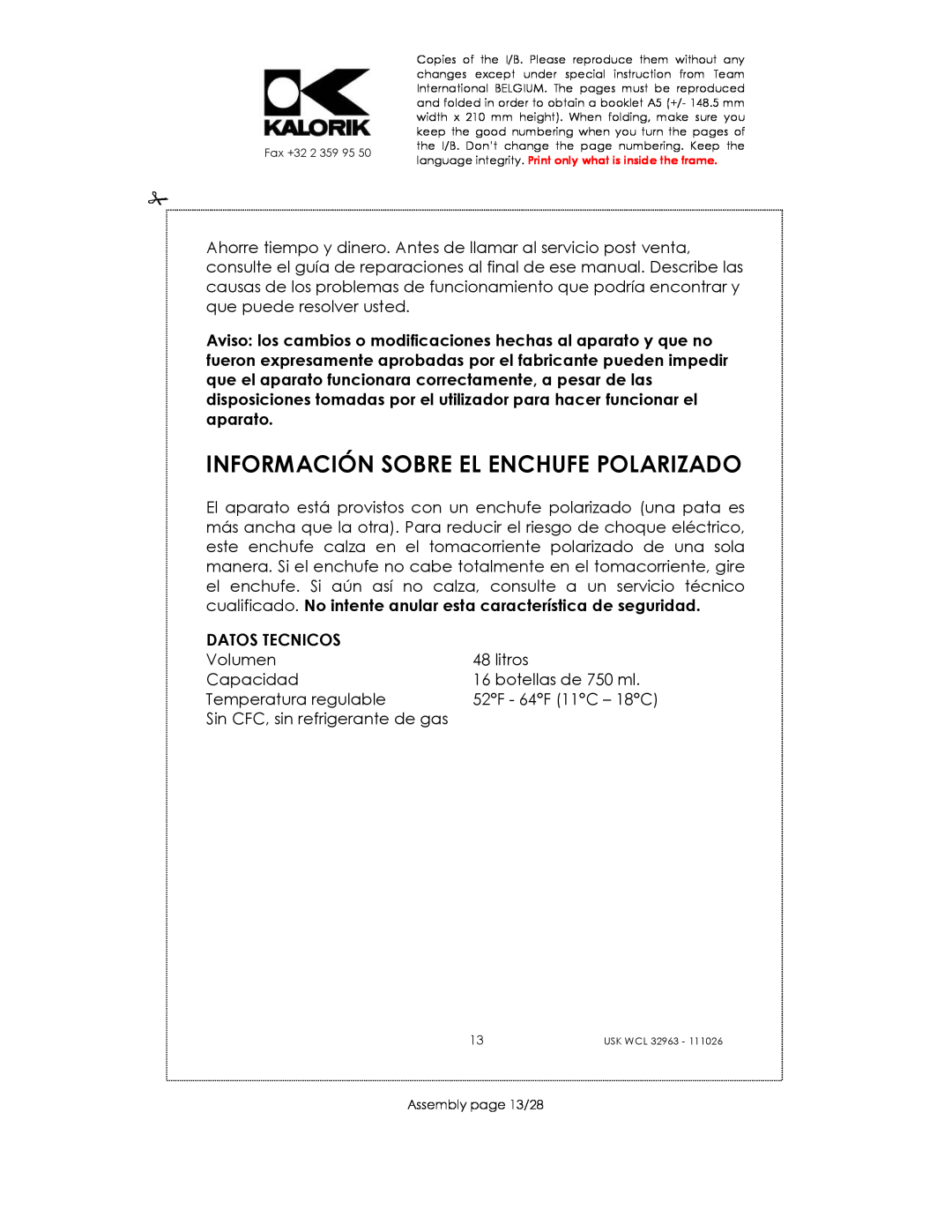 Kalorik USK WCL 32963 manual Información Sobre El Enchufe Polarizado, Datos Tecnicos 