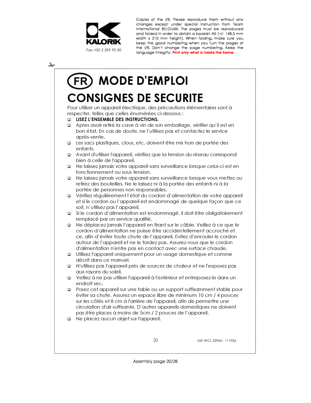 Kalorik USK WCL 32963 manual Consignes De Securite, Lisez L’Ensemble Des Instructions 