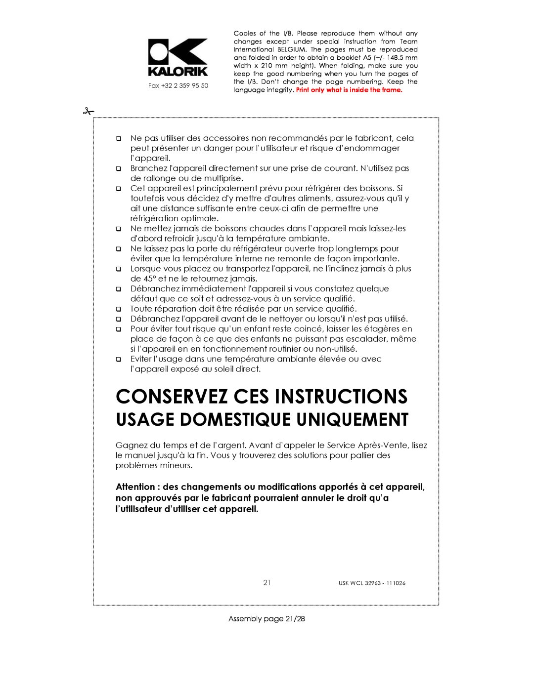 Kalorik USK WCL 32963 manual Conservez Ces Instructions, Usage Domestique Uniquement 