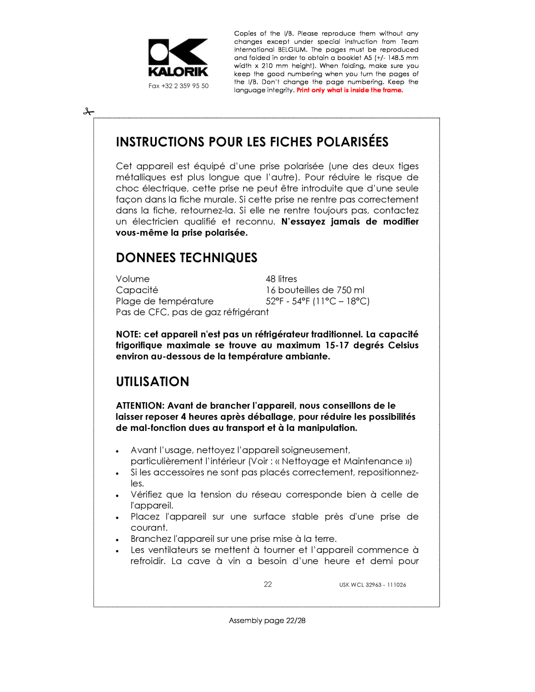 Kalorik USK WCL 32963 manual Instructions Pour Les Fiches Polarisées, Donnees Techniques, Utilisation 