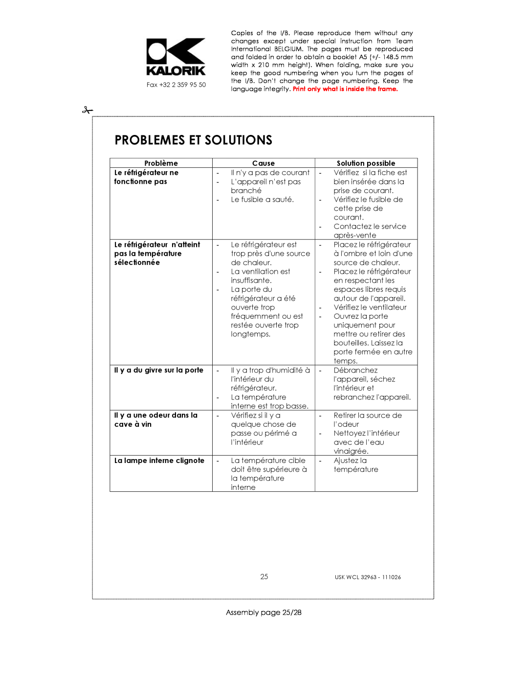 Kalorik USK WCL 32963 manual Problemes Et Solutions 
