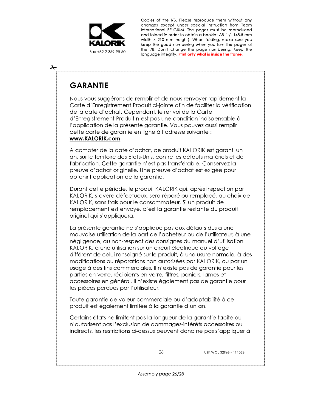 Kalorik USK WCL 32963 manual Garantie, Assembly page 26/28 