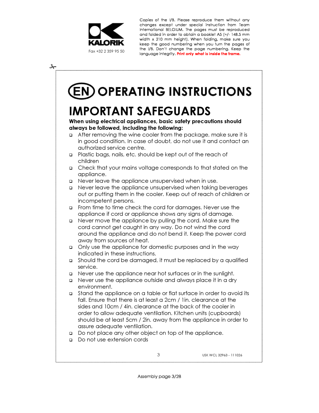 Kalorik USK WCL 32963 manual Important Safeguards 