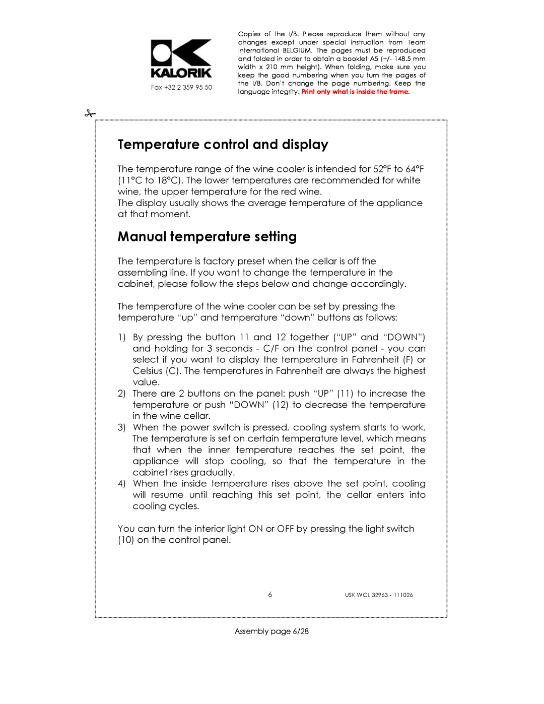 Kalorik USK WCL 32963 manual Temperature control and display, Manual temperature setting, Assembly page 6/28 