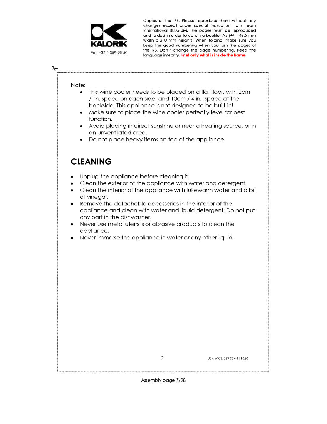 Kalorik USK WCL 32963 manual Cleaning 