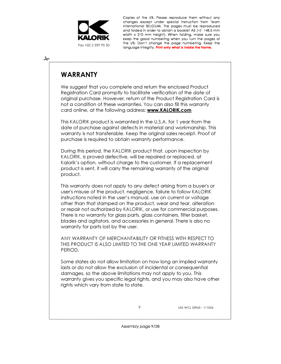 Kalorik USK WCL 32963 manual Warranty, Assembly page 9/28 