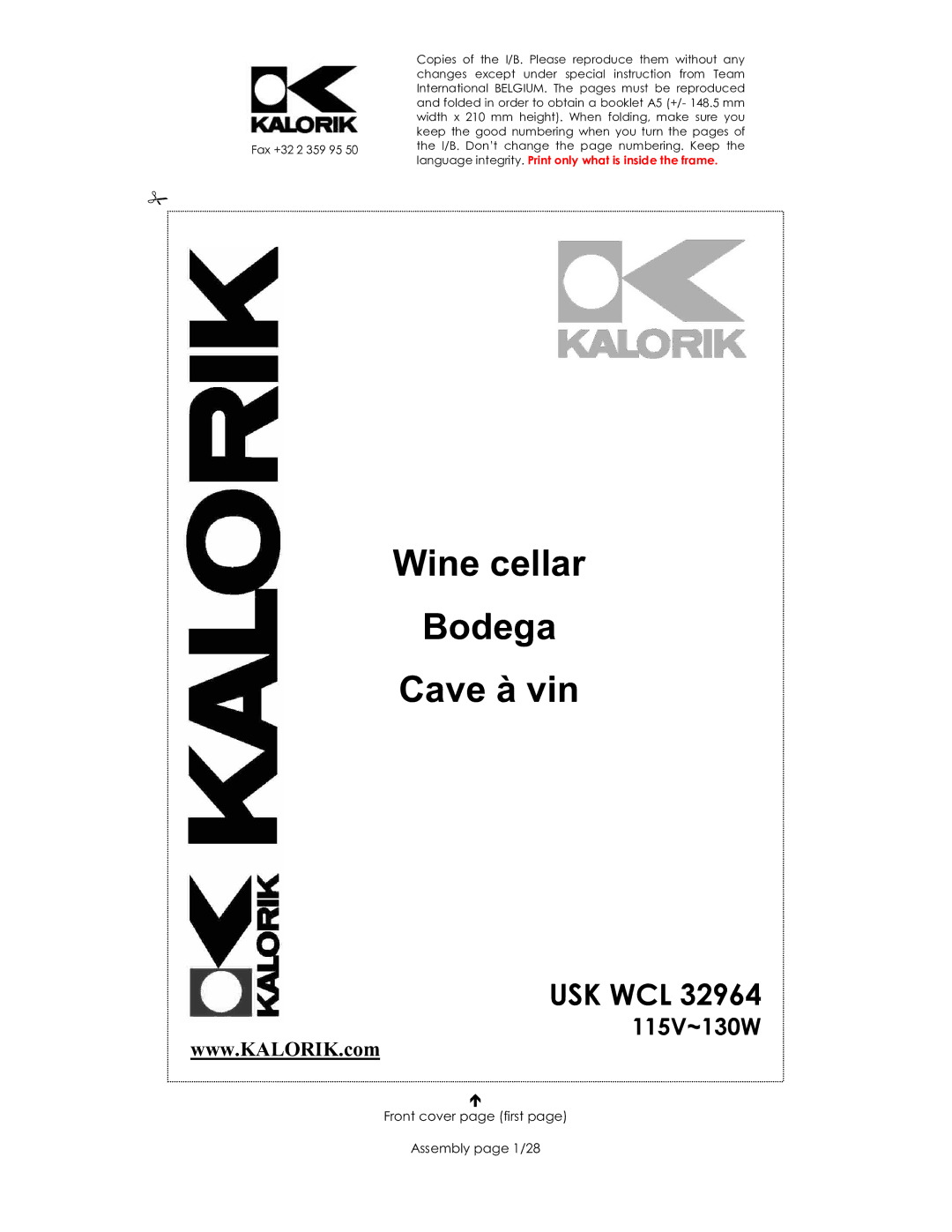 Kalorik USK WCL 32964 115V~130W manual Wine cellar Bodega Cave à vin, Front cover page first Assembly page 1/28 