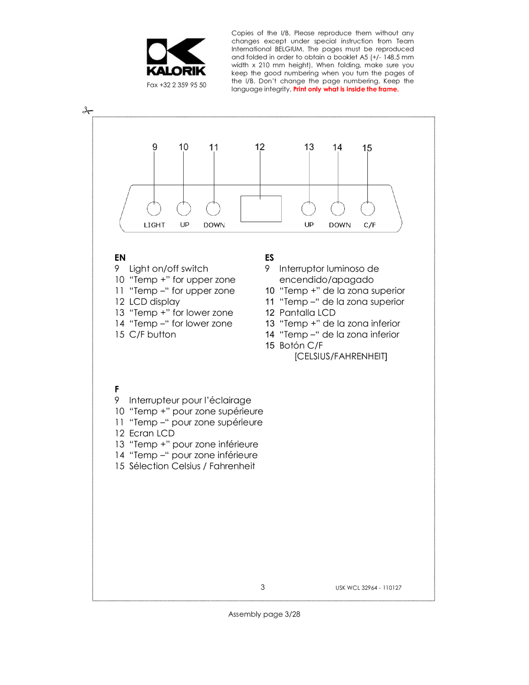 Kalorik USK WCL 32964 115V~130W manual Celsius/Fahrenheit, Assembly page 3/28 