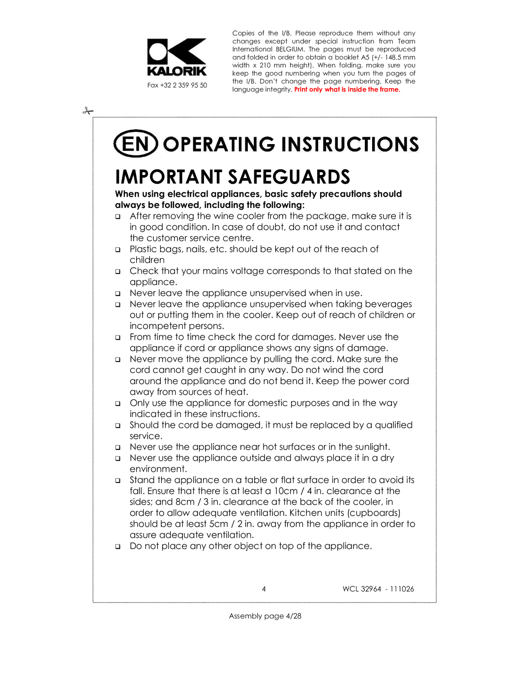 Kalorik USK WCL 32964 115V~130W manual Important Safeguards, Assembly page 4/28 