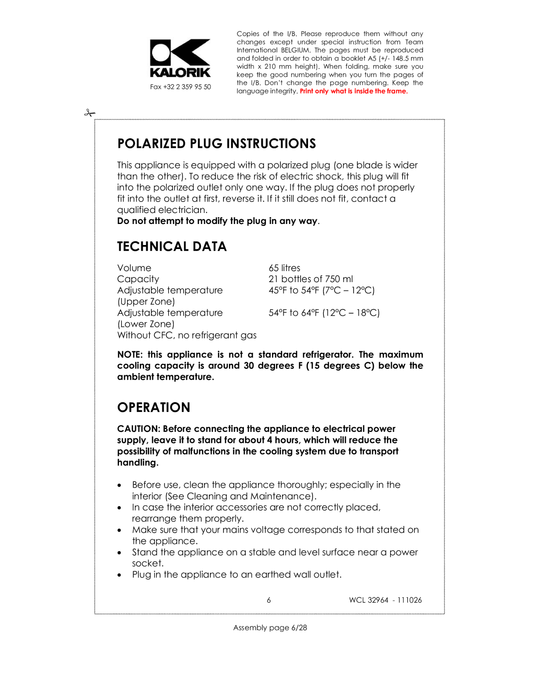 Kalorik USK WCL 32964 115V~130W manual Polarized Plug Instructions, Technical Data, Operation, Assembly page 6/28 