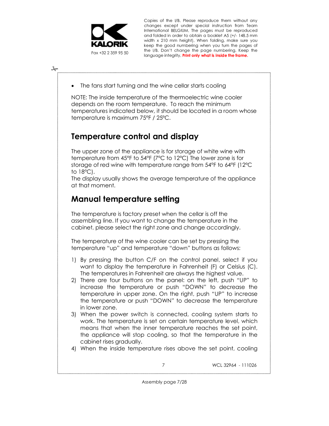 Kalorik USK WCL 32964 115V~130W manual Temperature control and display, Assembly page 7/28 