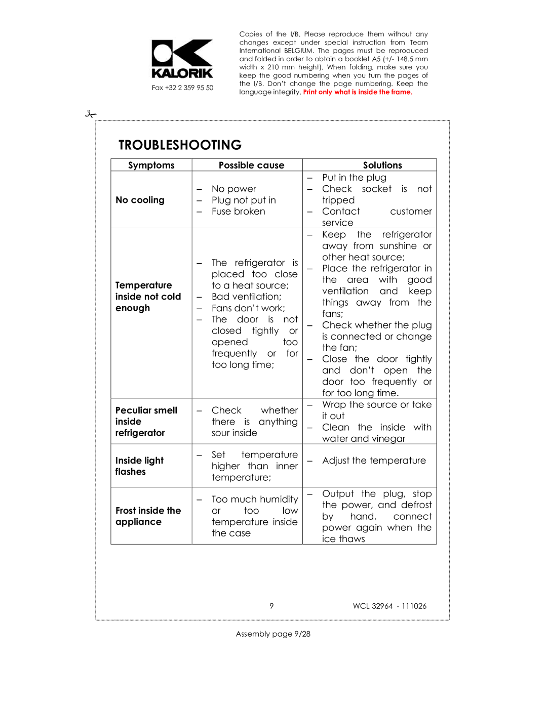 Kalorik USK WCL 32964 115V~130W manual Troubleshooting, Assembly page 9/28 