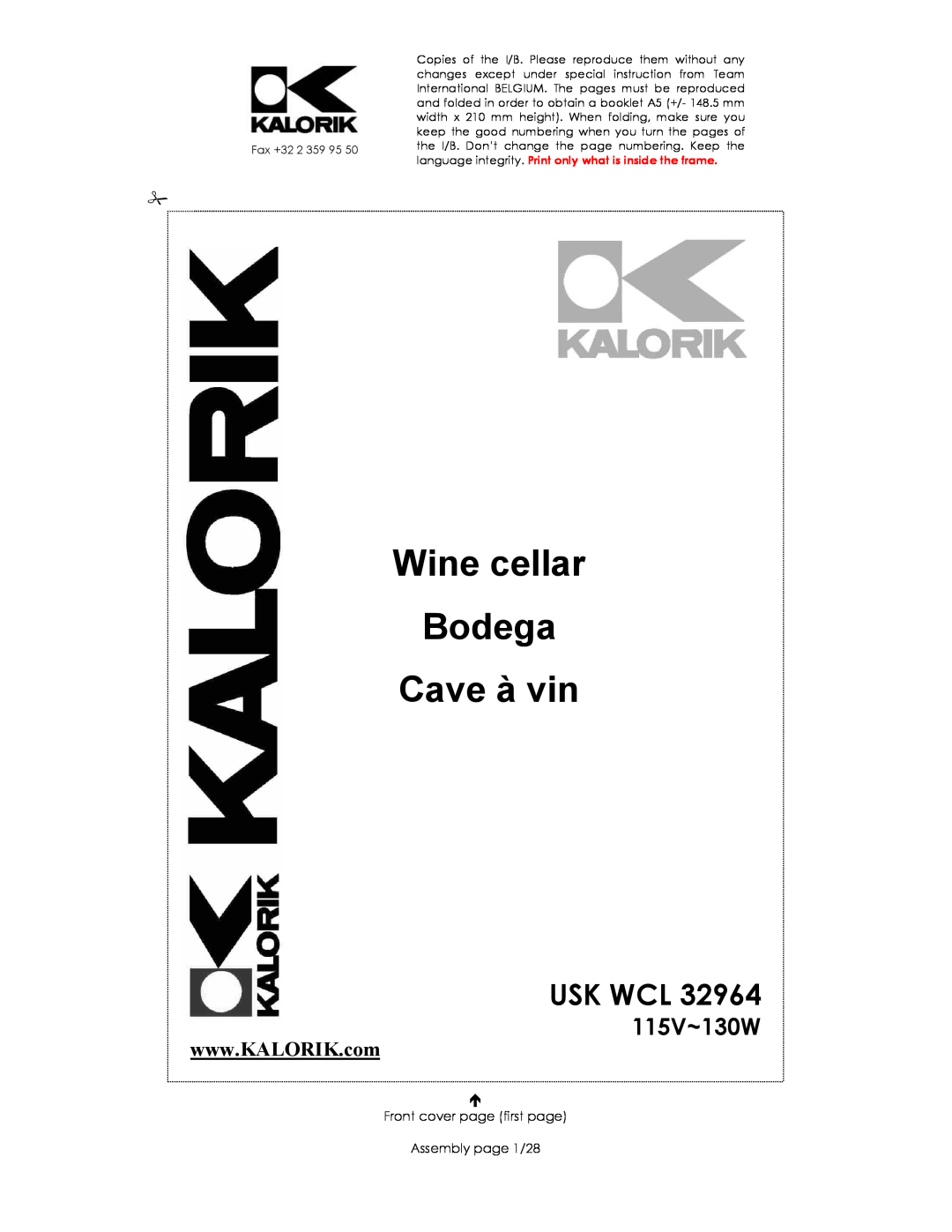 Kalorik USK WCL 32964 115V~130W manual Usk Wcl, Wine cellar Bodega Cave à vin 