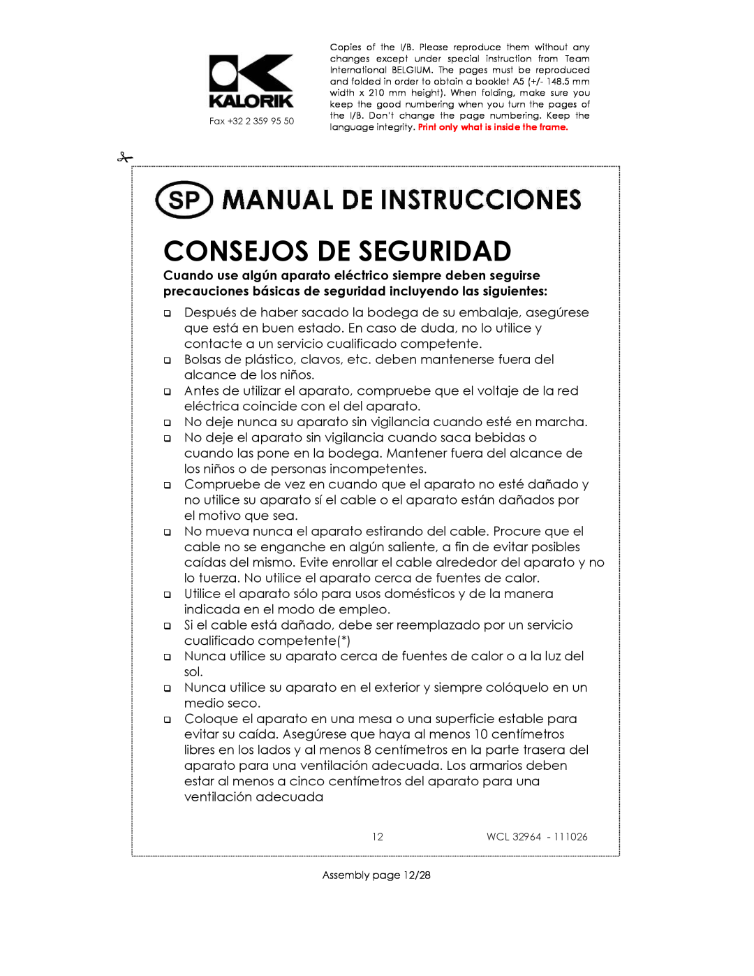 Kalorik USK WCL 32964 115V~130W manual Consejos De Seguridad, 12WCL 32964 - Assembly page 12/28 