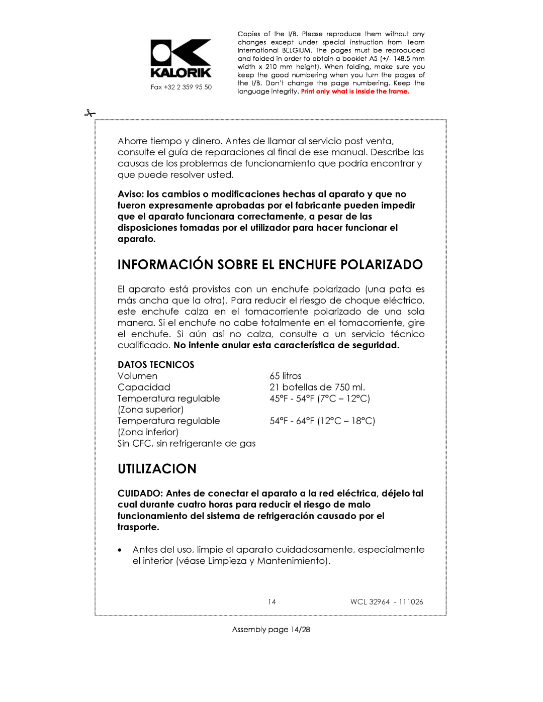 Kalorik USK WCL 32964 115V~130W manual Información Sobre El Enchufe Polarizado, Utilizacion, Datos Tecnicos 