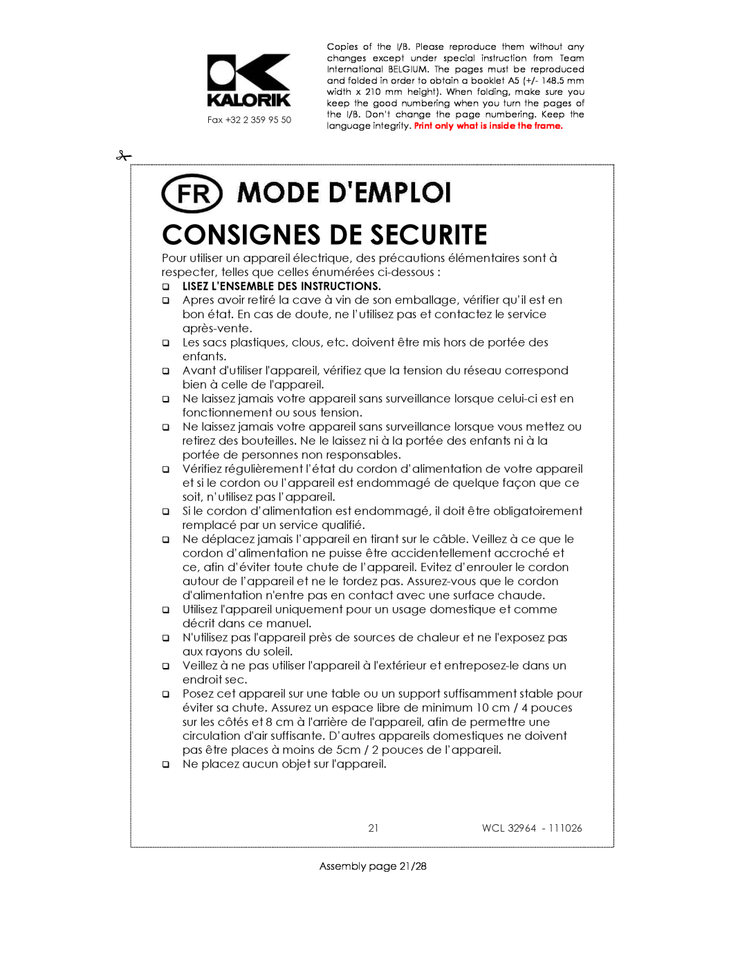 Kalorik USK WCL 32964 115V~130W manual Consignes De Securite, Lisez L’Ensemble Des Instructions 
