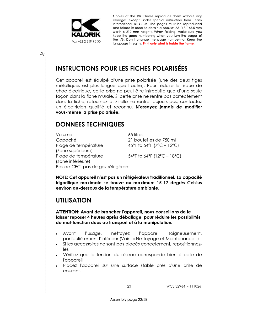 Kalorik USK WCL 32964 115V~130W manual Instructions Pour Les Fiches Polarisées, Donnees Techniques, Utilisation 