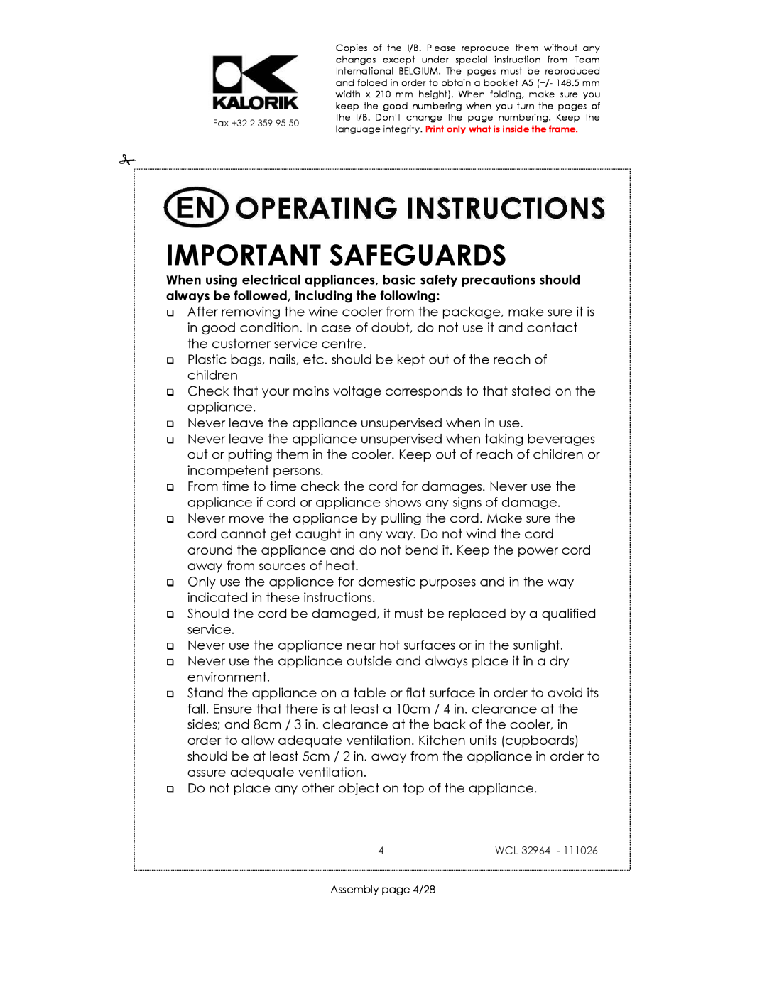 Kalorik USK WCL 32964 115V~130W manual Important Safeguards, Wcl, Assembly page 4/28 