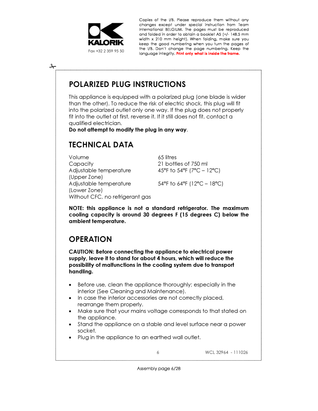 Kalorik USK WCL 32964 115V~130W manual Polarized Plug Instructions, Technical Data, Operation 