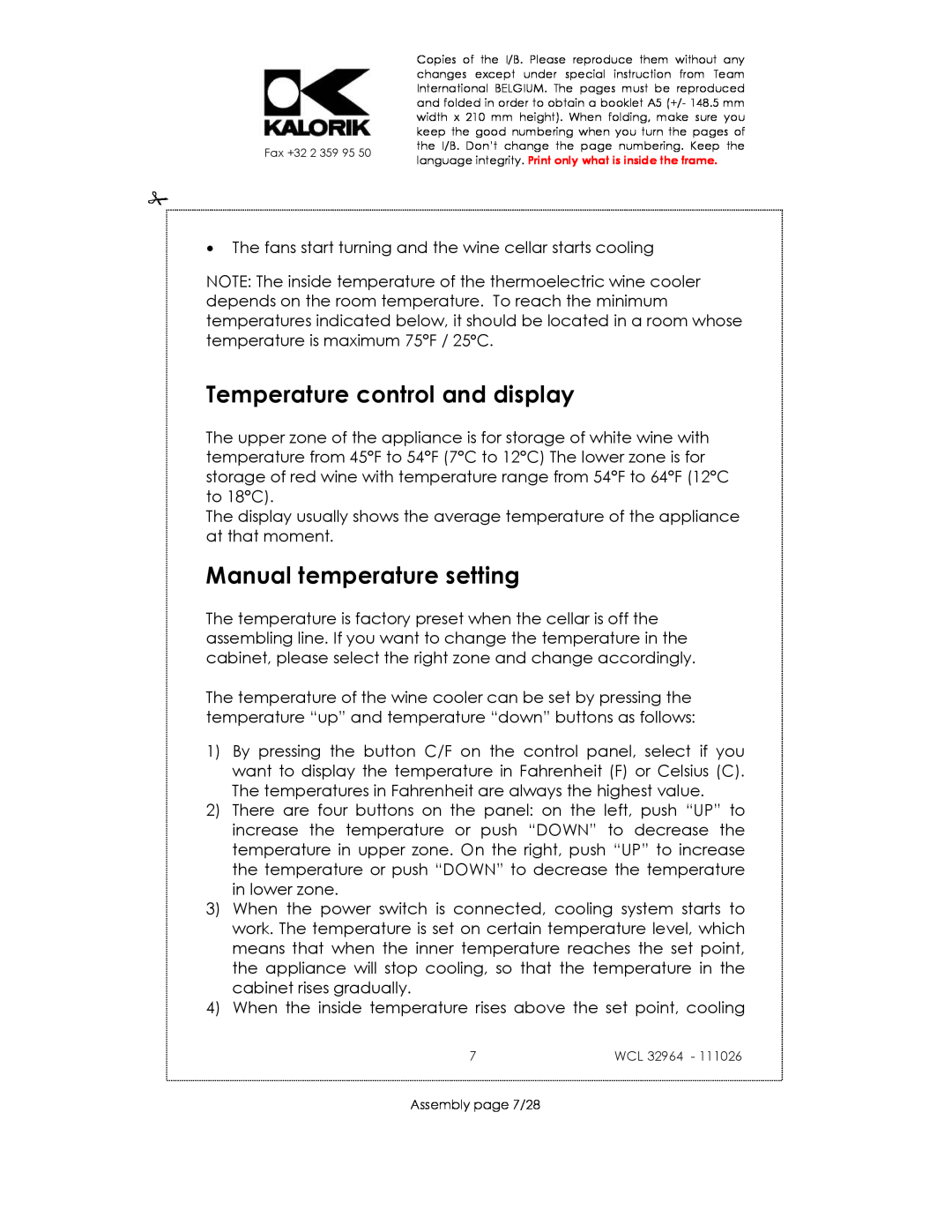Kalorik USK WCL 32964 115V~130W manual Temperature control and display, Manual temperature setting, Wcl, Assembly page 7/28 