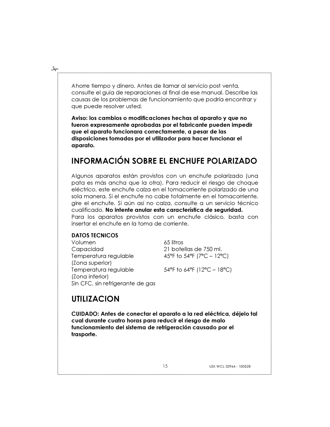 Kalorik USK WCL 32964 manual Información Sobre EL Enchufe Polarizado, Utilizacion 