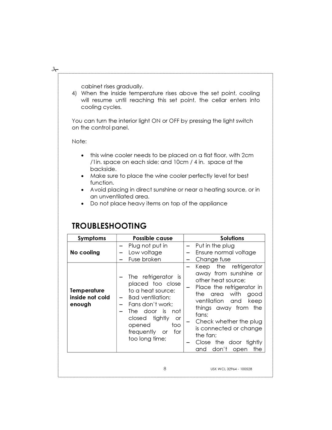 Kalorik USK WCL 32964 manual Troubleshooting 