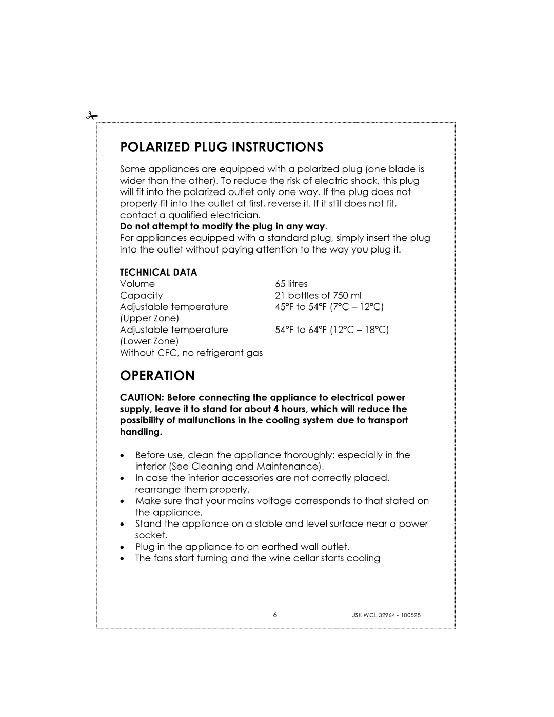 Kalorik USK WCL 32964 manual Polarized Plug Instructions, Operation 