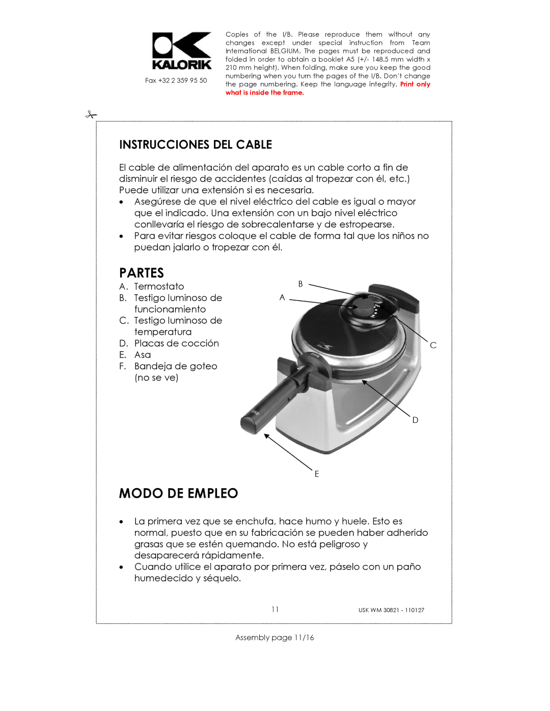 Kalorik USK WM 30821 manual Partes, Modo DE Empleo, Instrucciones DEL Cable, Assembly page 11/16 