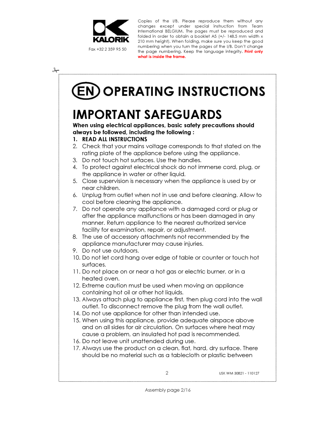 Kalorik USK WM 30821 manual Important Safeguards, Read ALL Instructions, Assembly page 2/16 