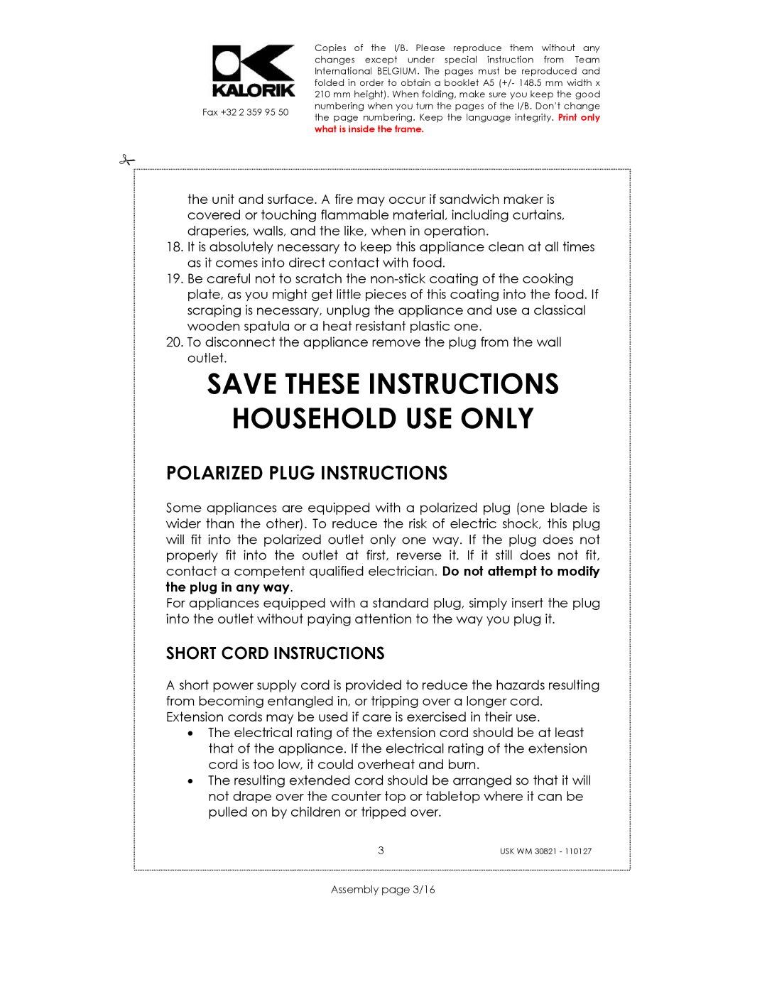 Kalorik USK WM 30821 manual Household USE only, Polarized Plug Instructions, Short Cord Instructions, Assembly page 3/16 