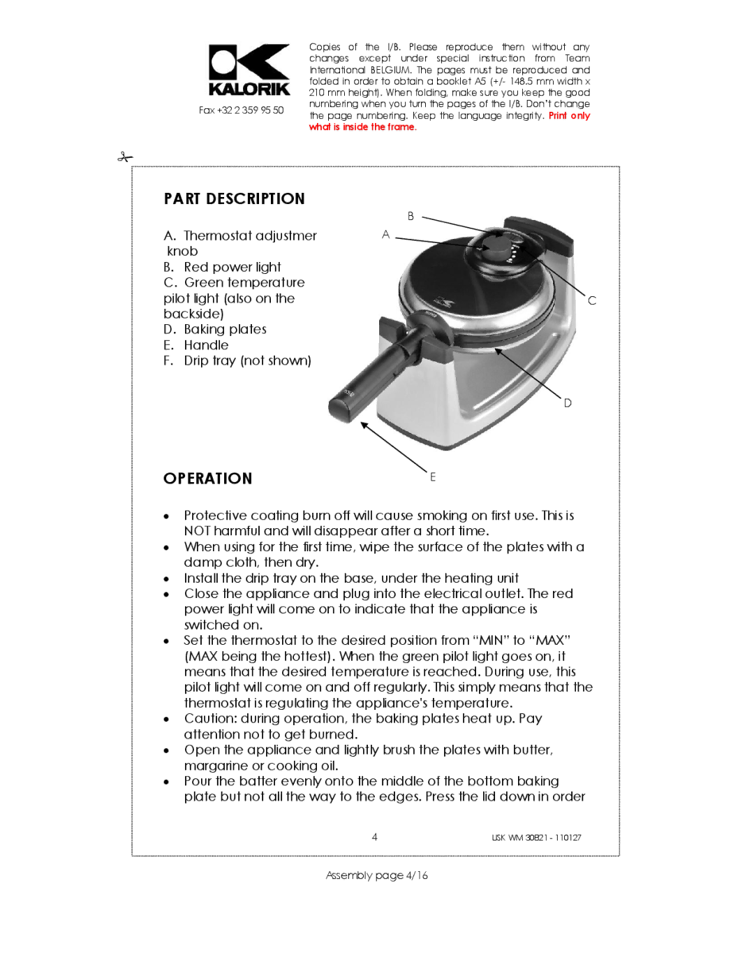 Kalorik USK WM 30821 manual Part Description, Operatione, Assembly page 4/16 