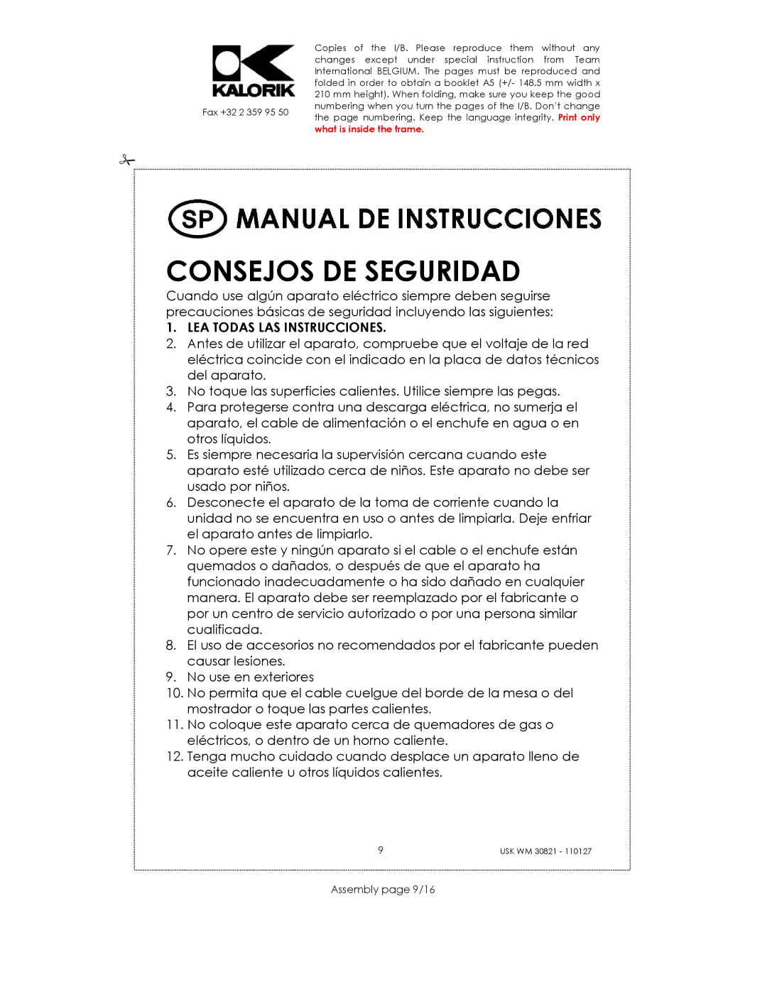 Kalorik USK WM 30821 manual Consejos DE Seguridad, LEA Todas LAS Instrucciones, Assembly page 9/16 