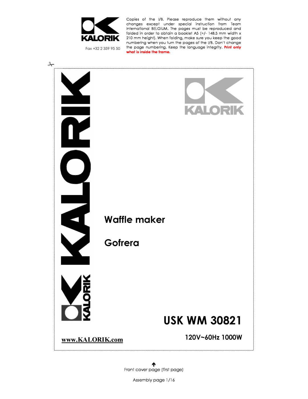 Kalorik USK WM 30821 manual Usk Wm, Waffle maker Gofrera, 120V~60Hz 1000W, Front cover page first page Assembly page 1/16 