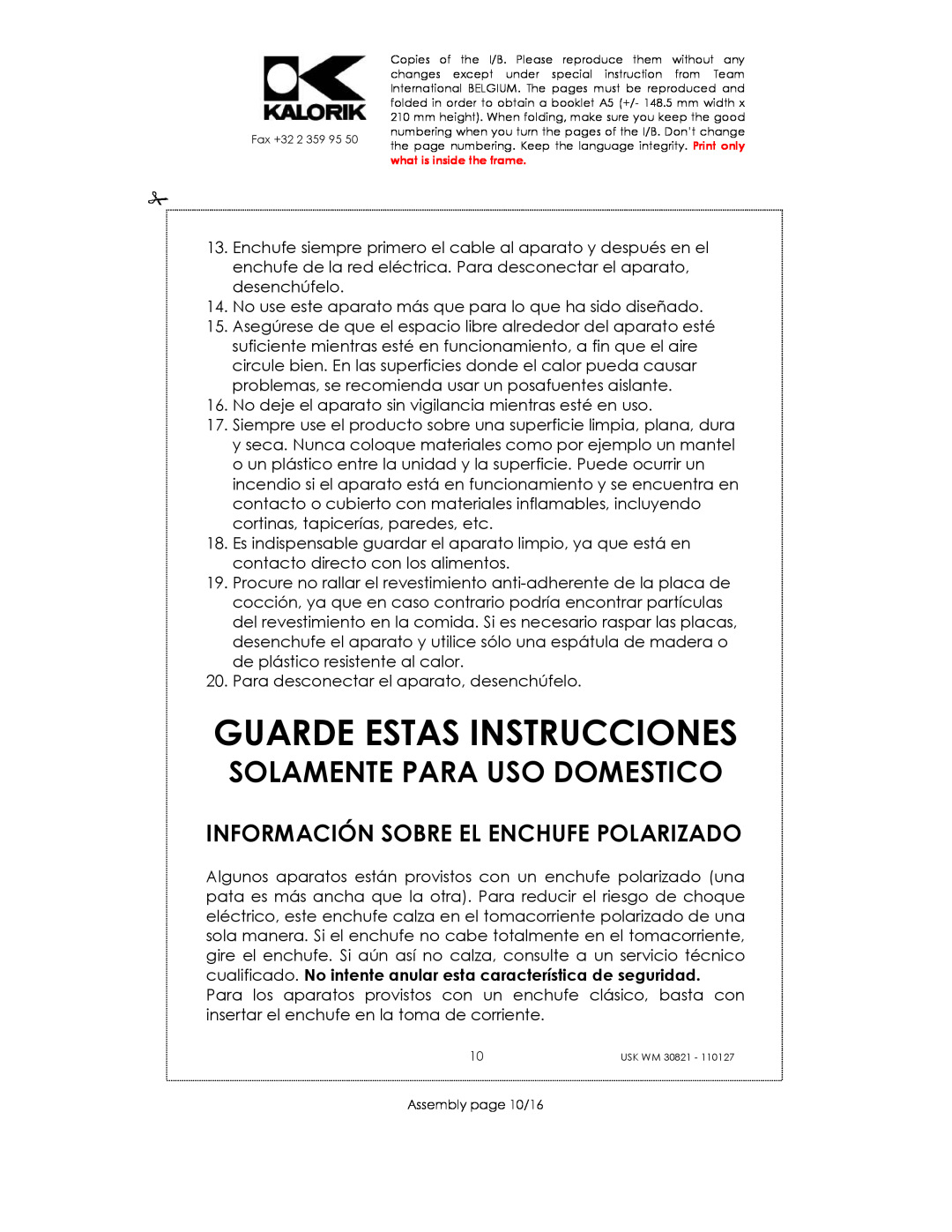 Kalorik USK WM 30821 Guarde Estas Instrucciones, Solamente Para Uso Domestico, Información Sobre El Enchufe Polarizado 