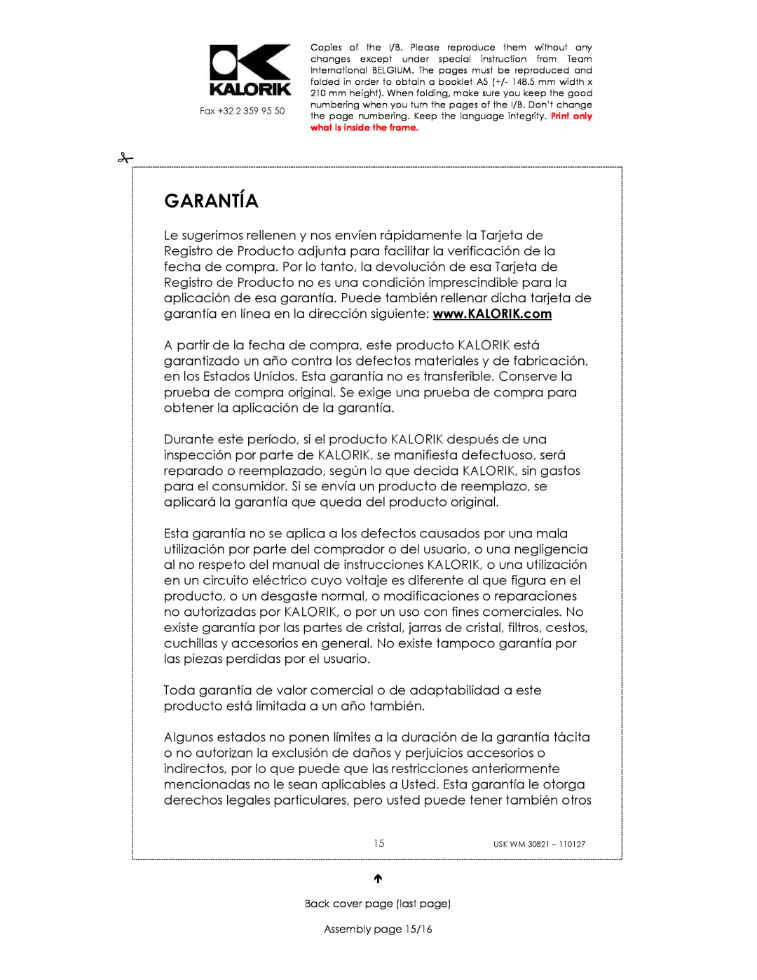 Kalorik USK WM 30821 manual Garantía, Back cover page last page Assembly page 15/16 