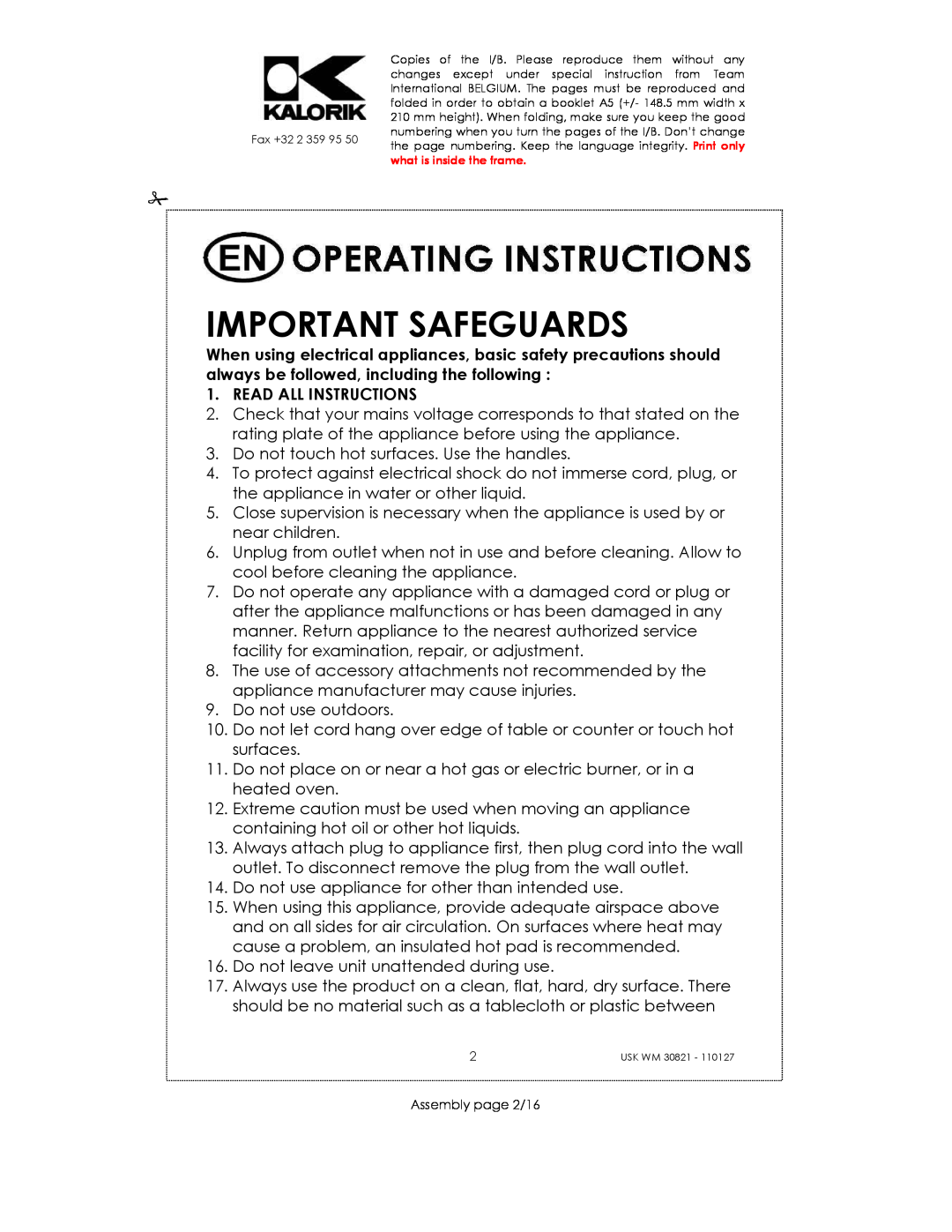 Kalorik USK WM 30821 manual Important Safeguards, Read All Instructions 