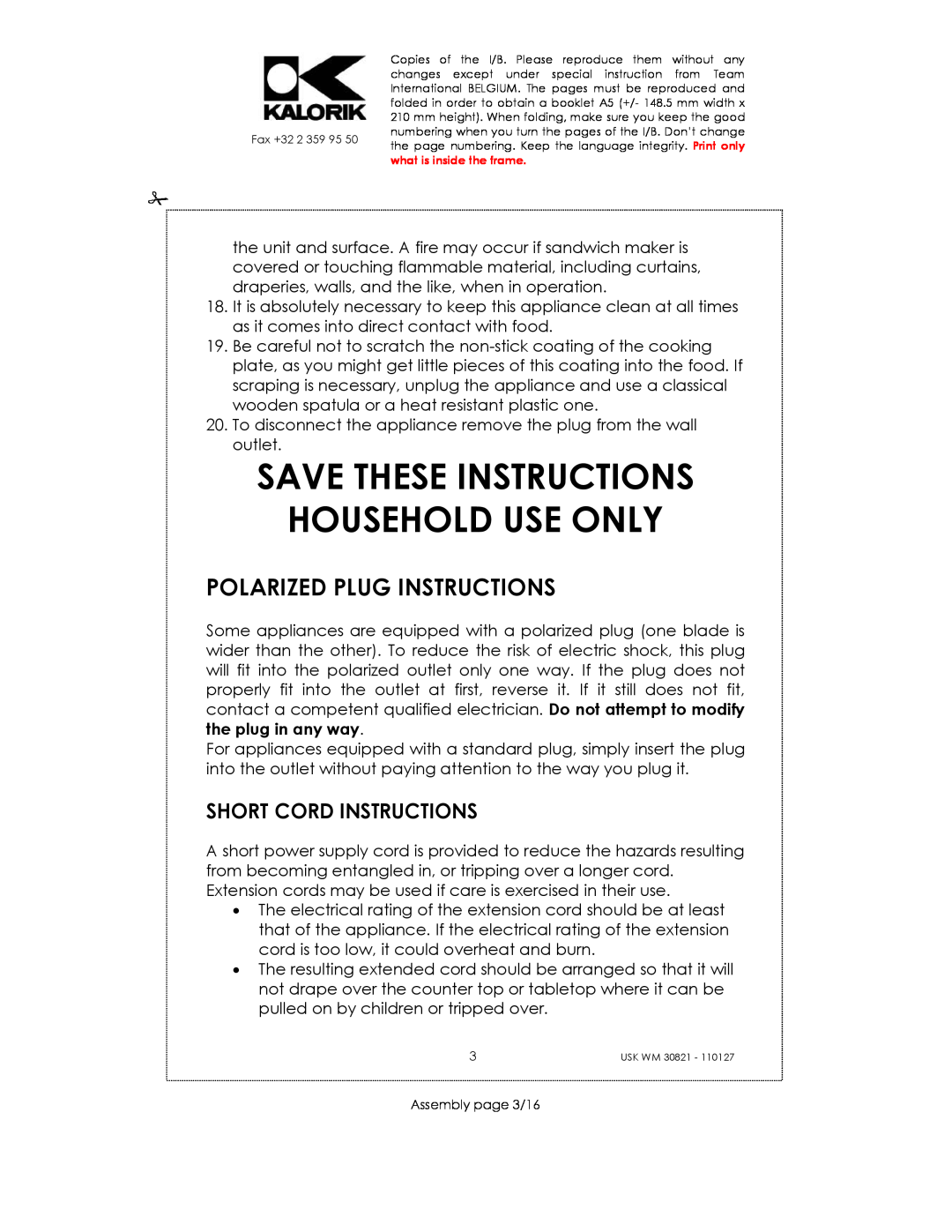 Kalorik USK WM 30821 Save These Instructions Household Use Only, Polarized Plug Instructions, Short Cord Instructions 