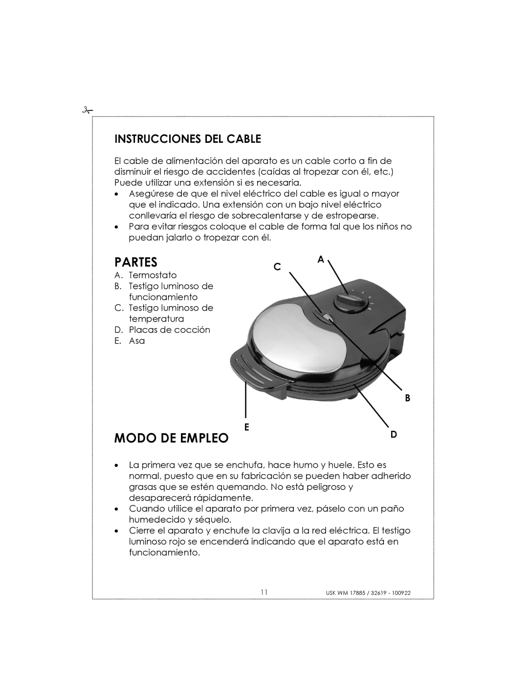 Kalorik usk wm 17885, usk wm 32619 manual Partes, Modo DE Empleo, Instrucciones DEL Cable 