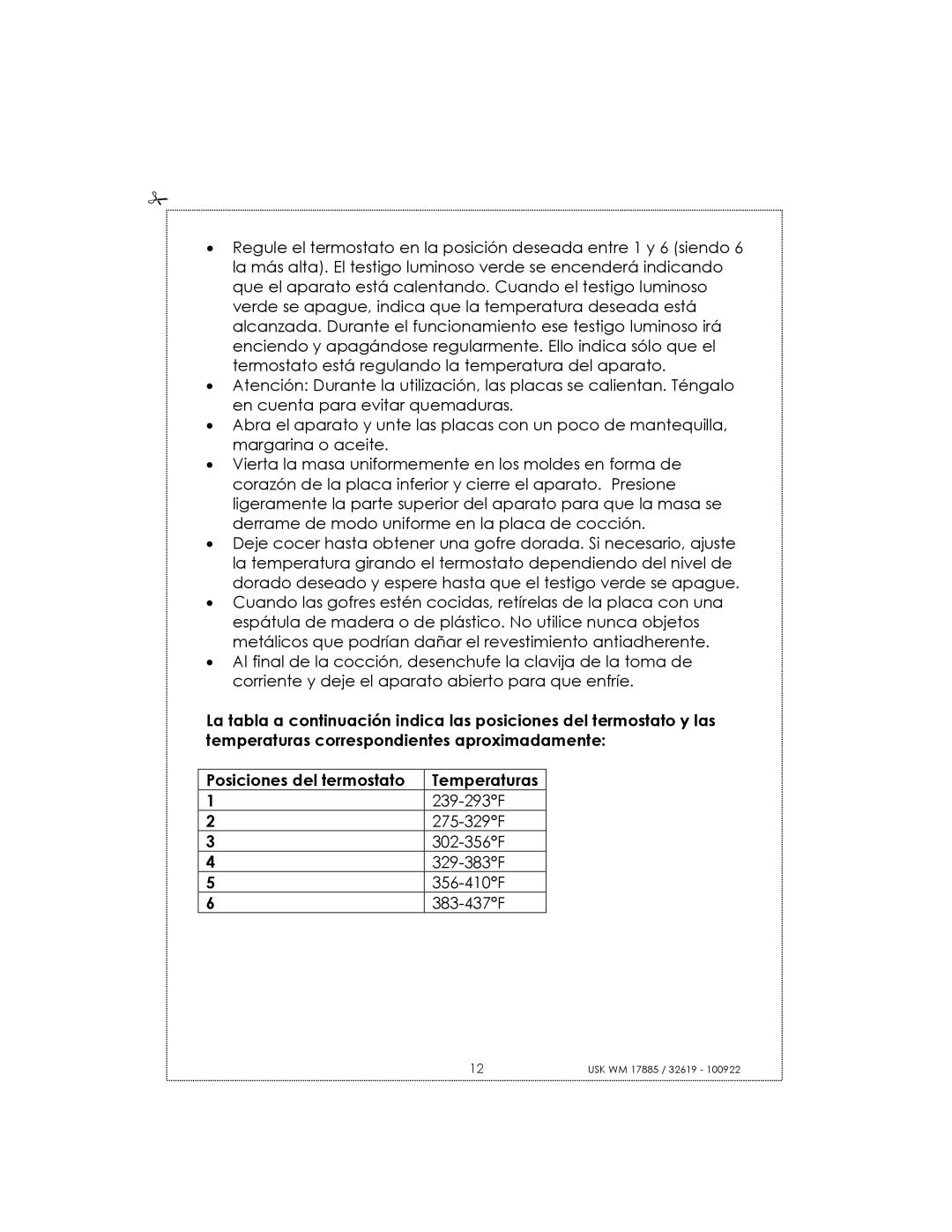 Kalorik usk wm 32619, usk wm 17885 manual Temperaturas 