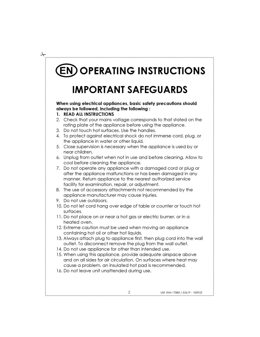 Kalorik usk wm 32619, usk wm 17885 manual Important Safeguards 