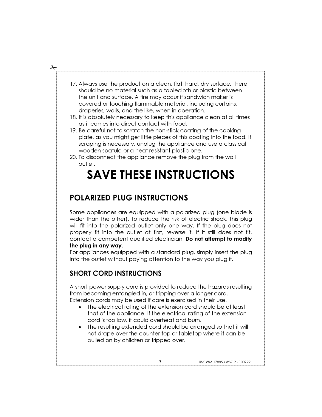 Kalorik usk wm 17885, usk wm 32619 manual Polarized Plug Instructions, Short Cord Instructions 