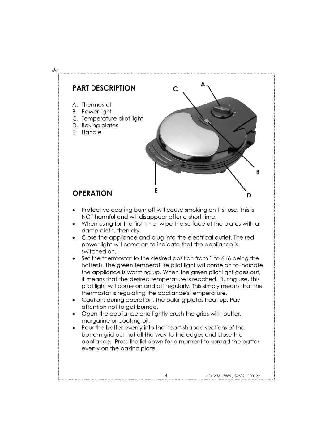 Kalorik usk wm 32619, usk wm 17885 manual Part Description, Operation 