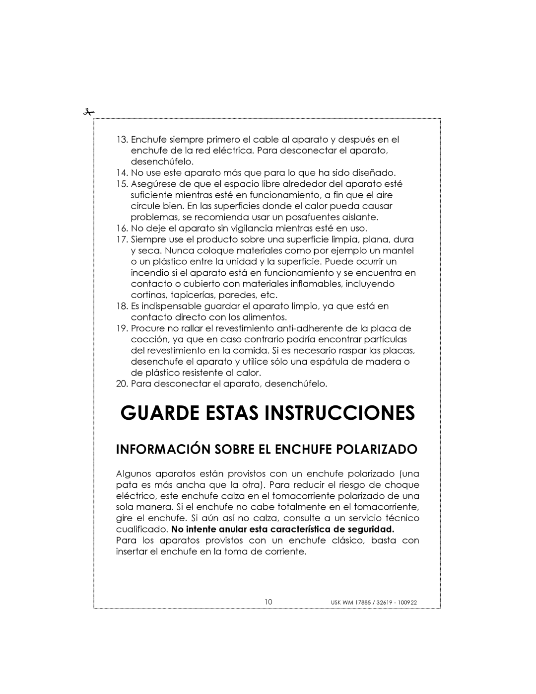 Kalorik usk wm 32619, usk wm 17885 manual Guarde Estas Instrucciones, Información Sobre El Enchufe Polarizado 