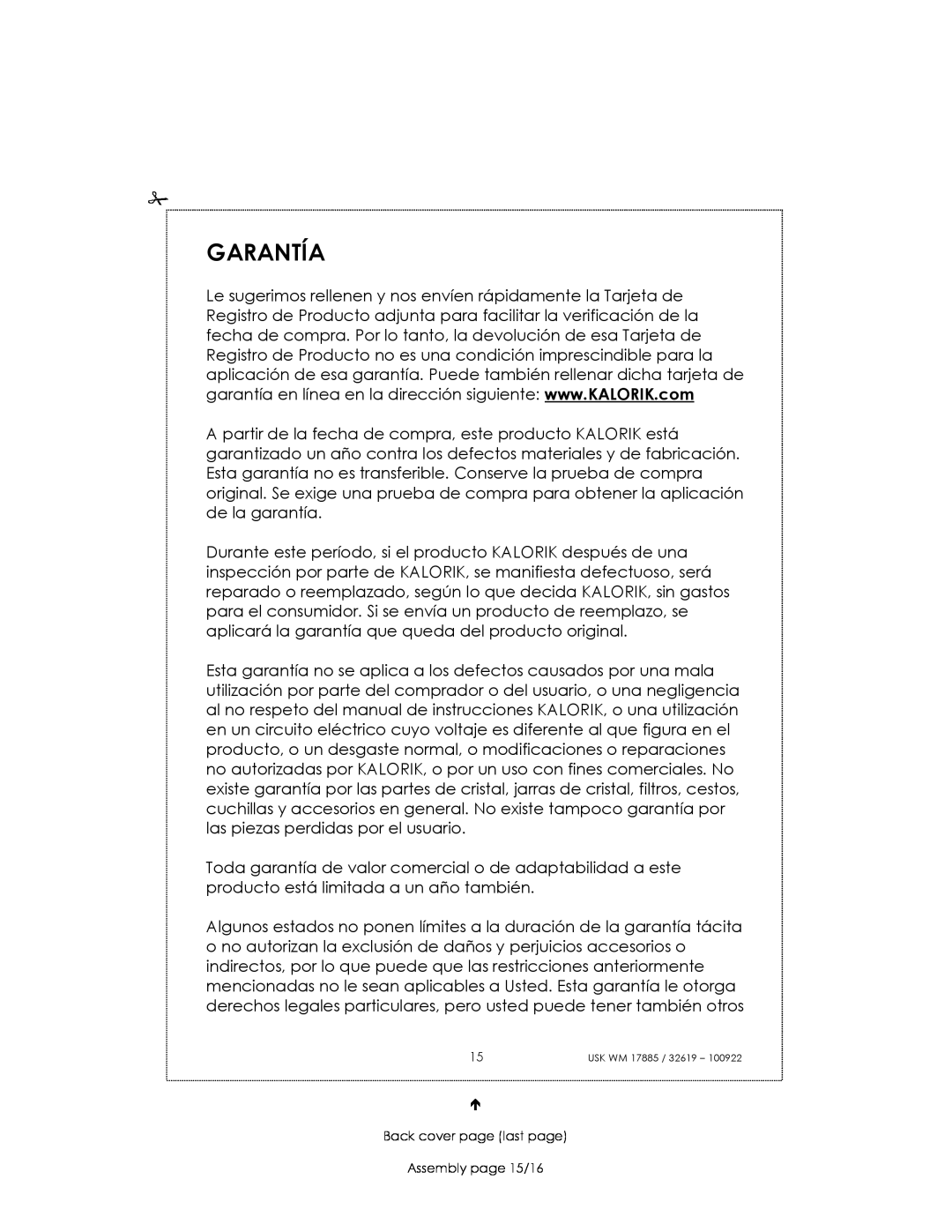 Kalorik usk wm 17885, usk wm 32619 manual Garantía, Back cover page last page Assembly page 15/16 