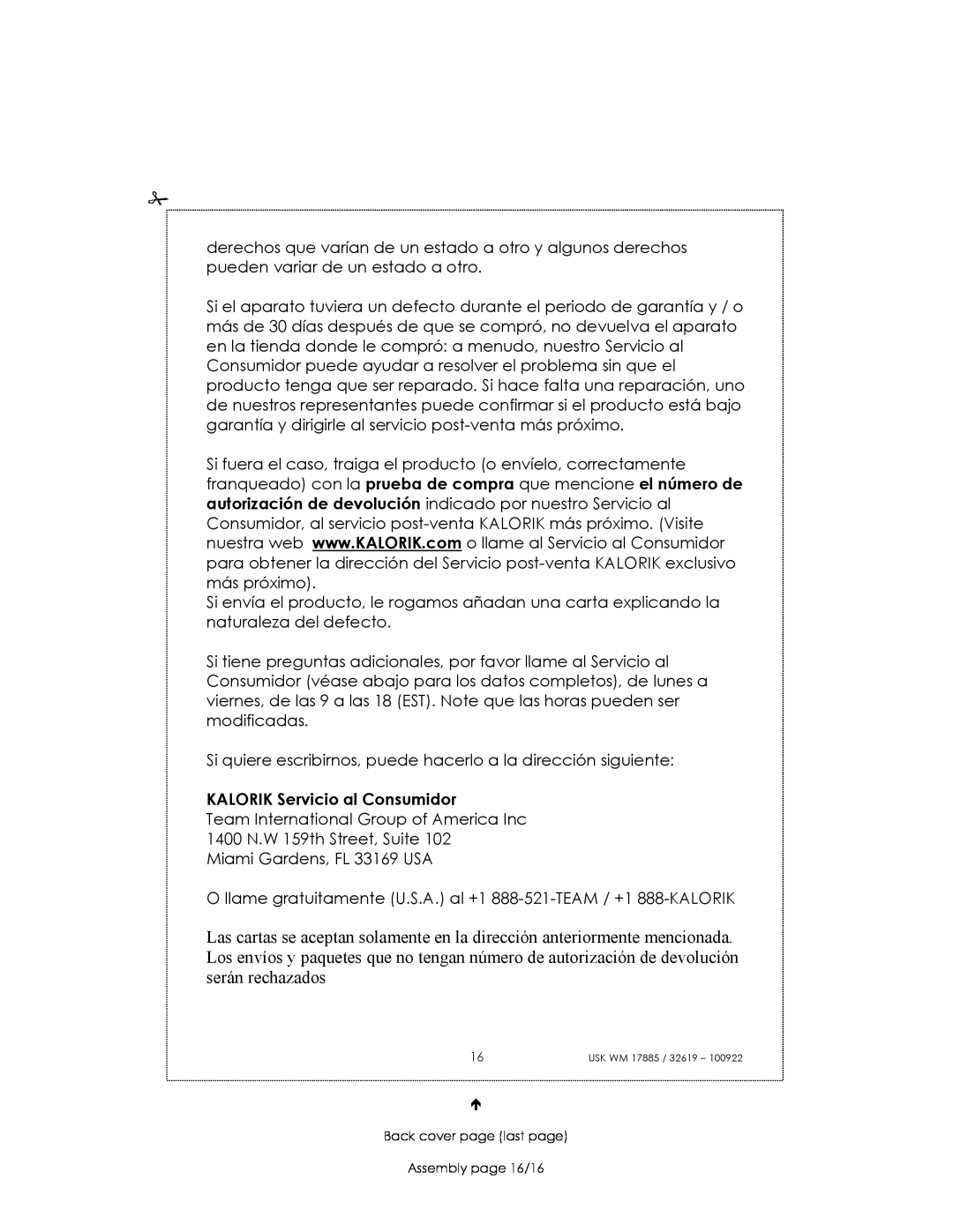 Kalorik usk wm 32619, usk wm 17885 manual KALORIK Servicio al Consumidor 